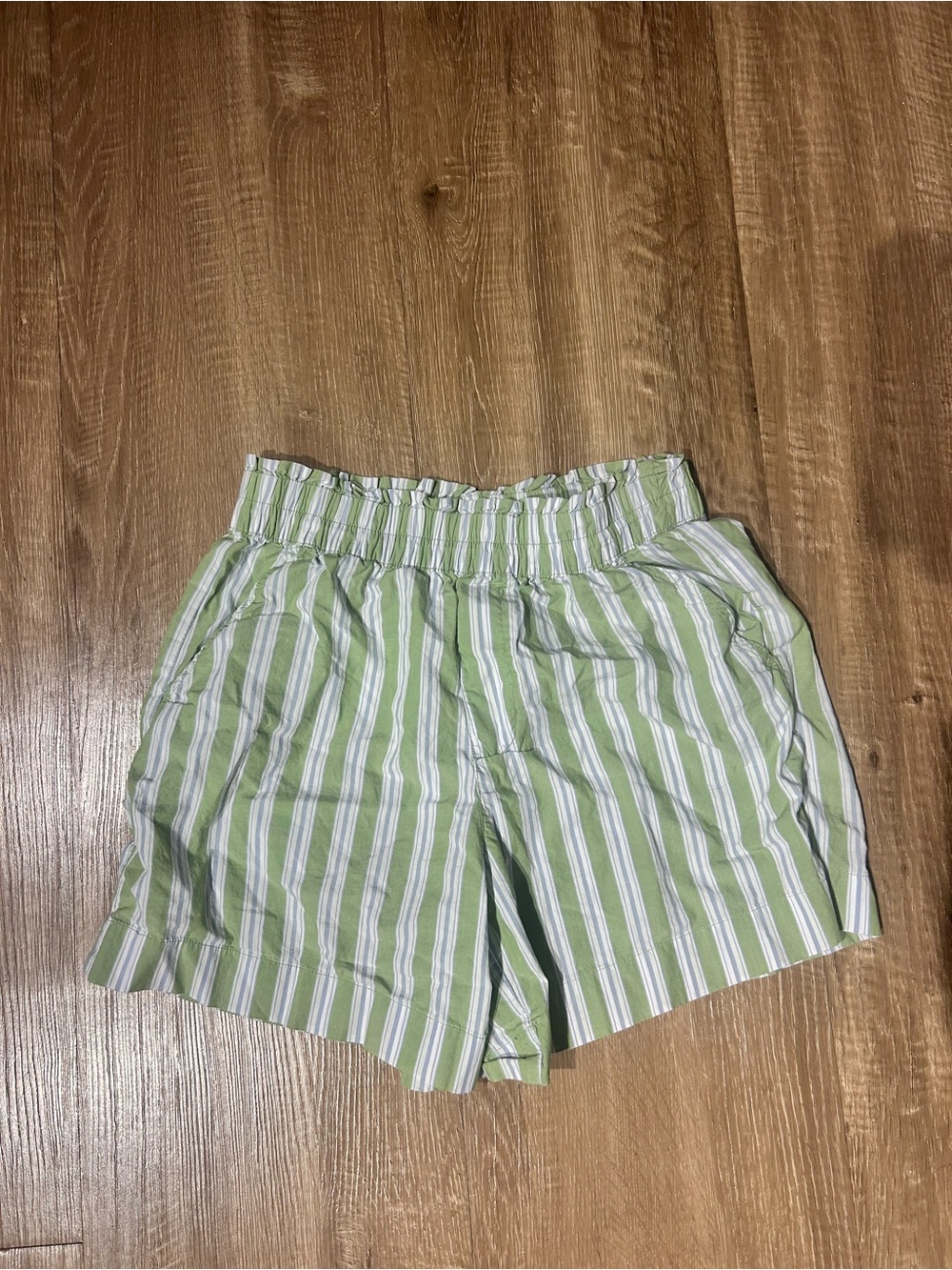 aerie Light Green and White Striped High-Waist Shorts